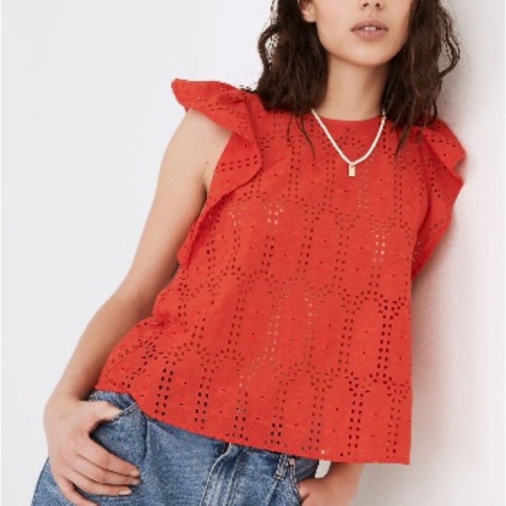 Madewell Eyelet Crewneck Flutter Sleeve Top XS Red Ripe Persimmon Ruffle